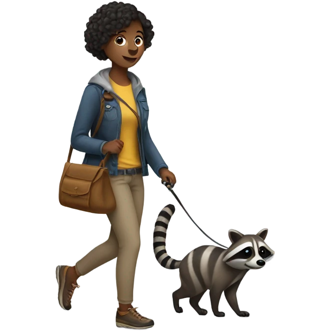 Woman walking a raccoon like a dog emoji