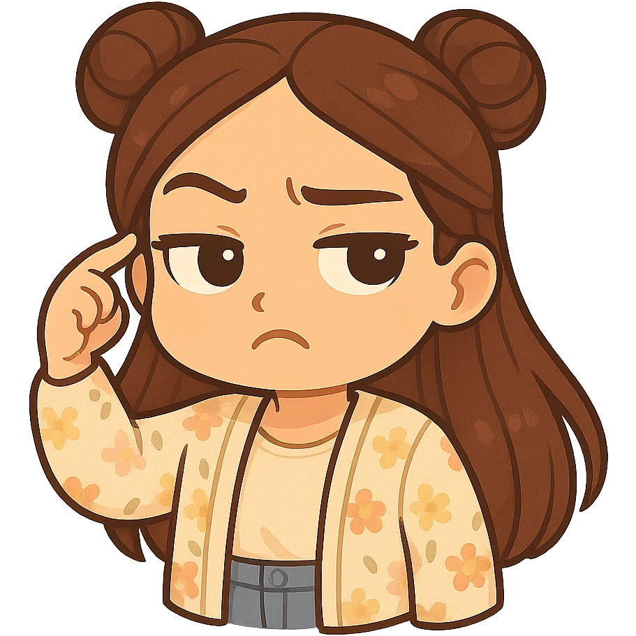 Create a chibi sticker of the girl from the reference image. She is twirling her finger at her temple with a sarcastic, skeptical face (not angry). She has brown straight hair styled in double buns, brown eyes, wearing a pastel floral cardigan and jeans. The sticker should have a white outline and a transparent background, sized 512x512px. emoji