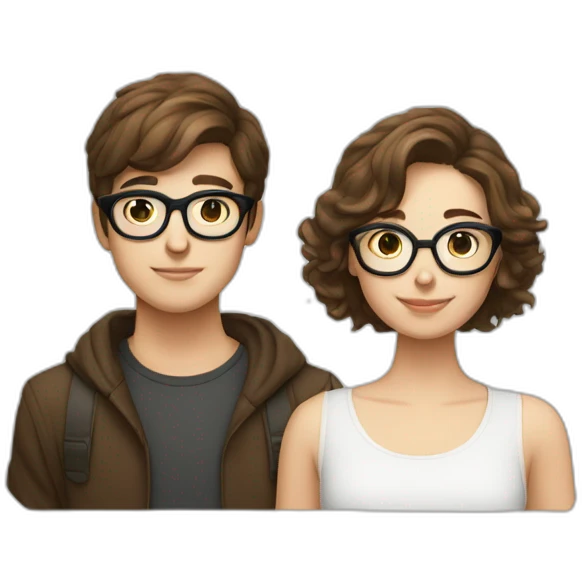 italian young cool couple brown hairs and white skin, boy with rounded glasses emoji
