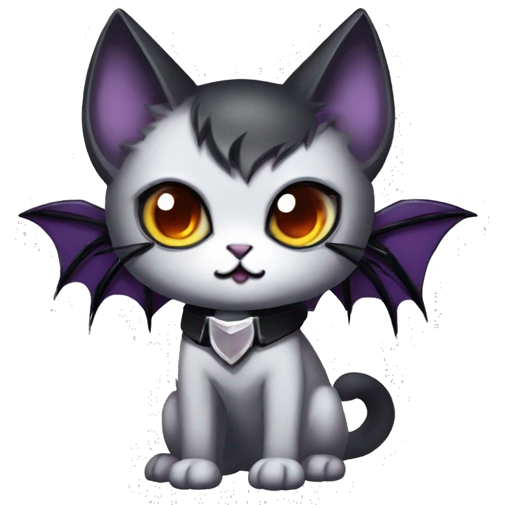   cool edgy kawaii ethereal dark-punk-themed animal vampiric cat-hybrid Fakemon with fangs and bat-wing-ears with a collar full body emoji