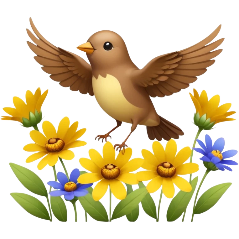 A tiny songbird fluttering its wings above wildflowers. emoji