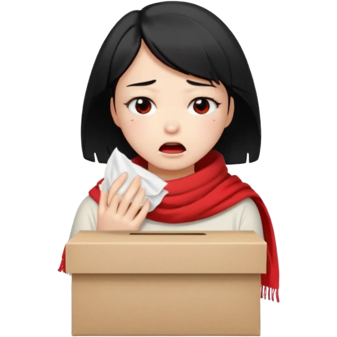 a pretty bratz fair girl crying in a loose oversized off white tshirt and red scarf with short black hair with a tissue box emoji