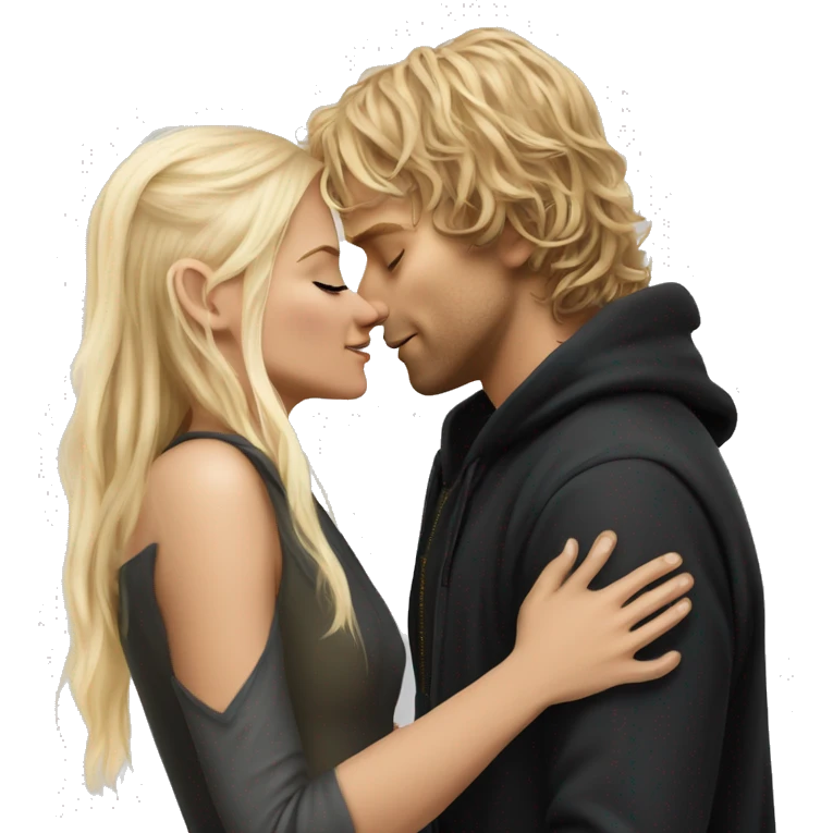 Pippin-hobbit wearing black hoodie kissing pretty straight hair blonde woman with attractive top emoji