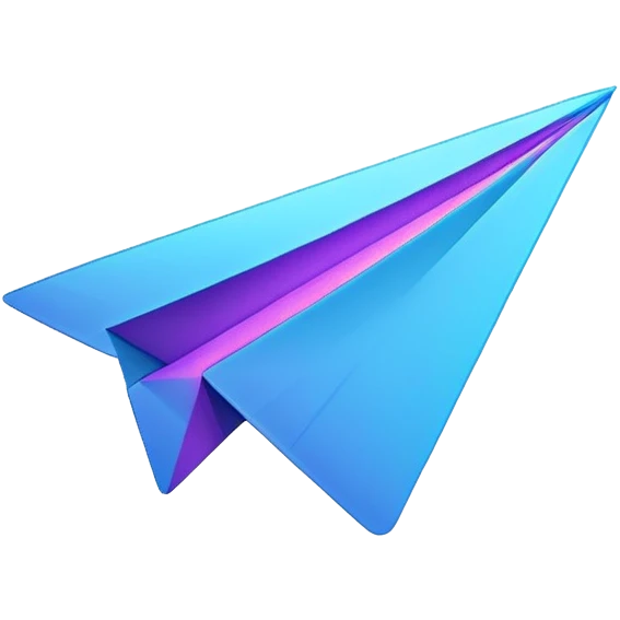 Telegram paper airplane logo in classic blue color, with neon glow lines, blue neon glow on top left, purple neon glow on bottom right emoji