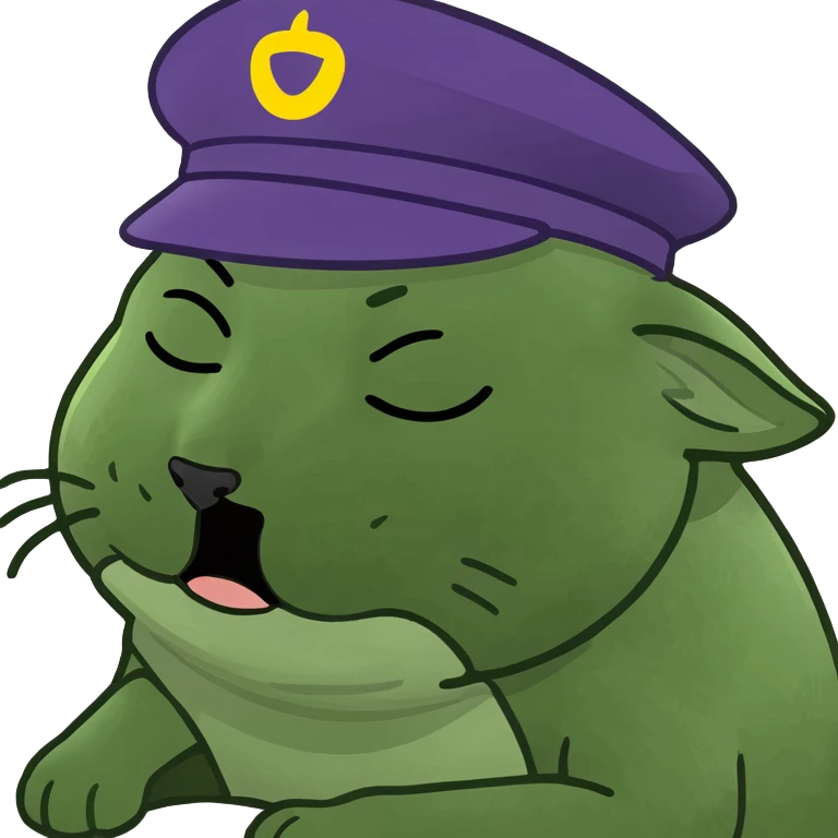 emoji of sleeping cat, its pose is lying, it has on his head FedEx uniform cap emoji