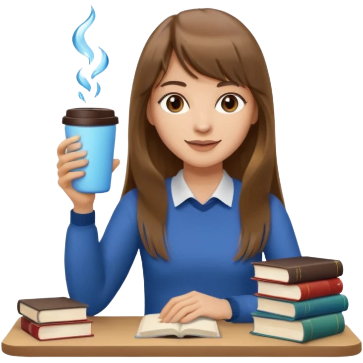 a designer with light skin long brown hair bangs waving, stack of books, coffee cup on top, water bottle  emoji