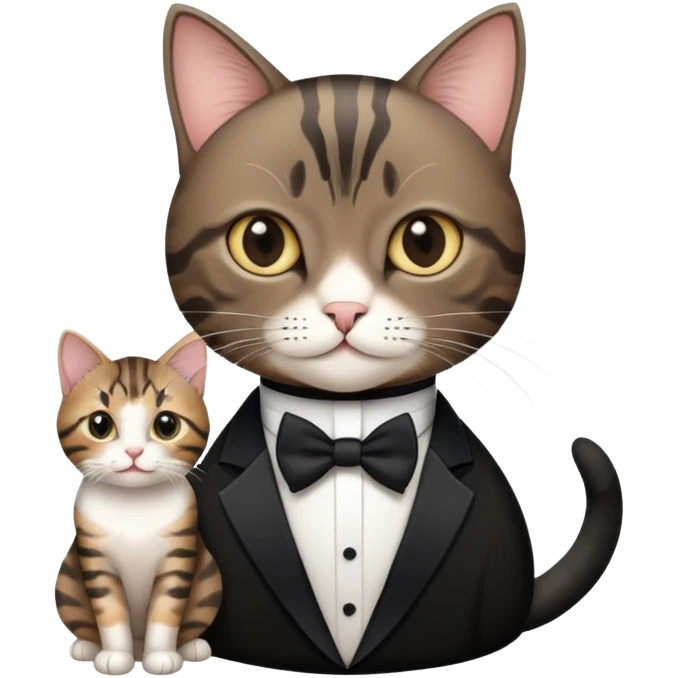 A short haired tabby cat with a black tuxedo cat emoji
