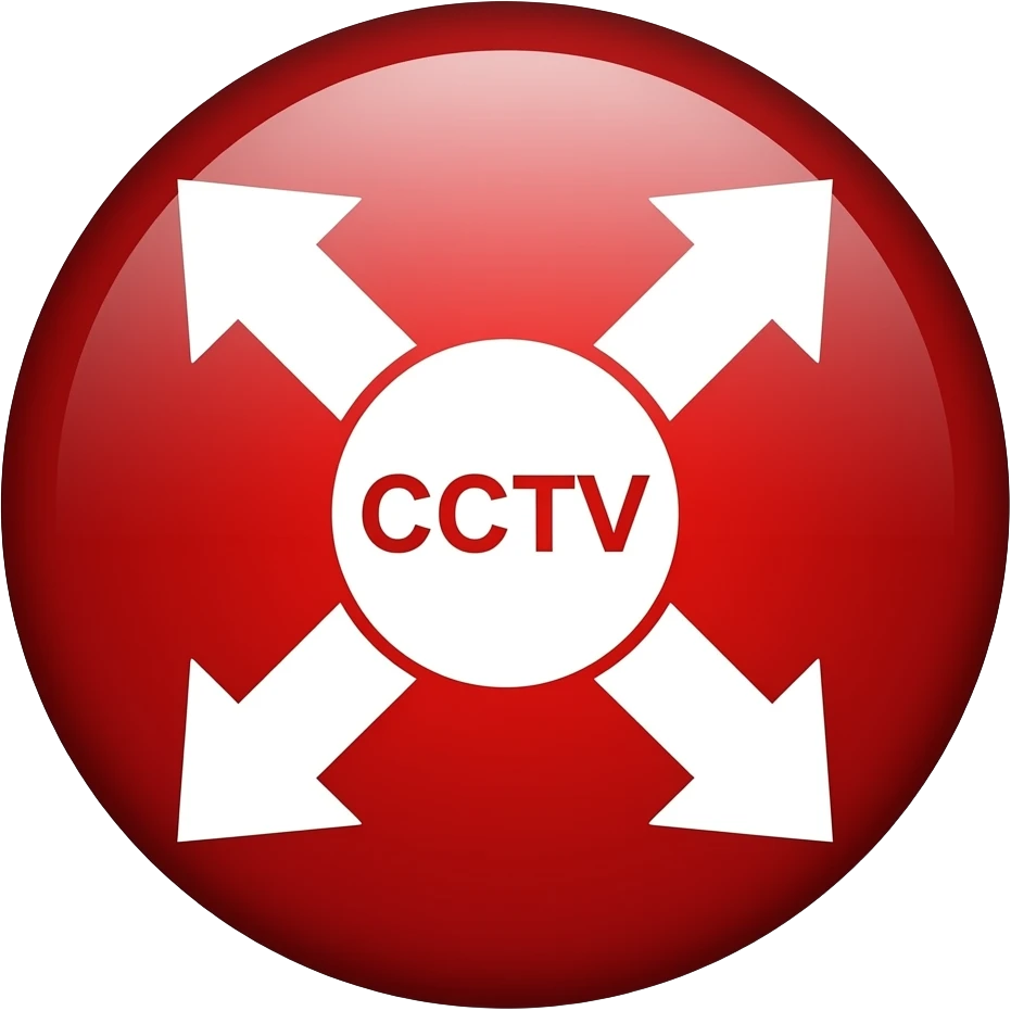 Red filled circle with white X and arrow on all end points on the X white circle in the middle. Biggest possible CCTV word in the centre emoji