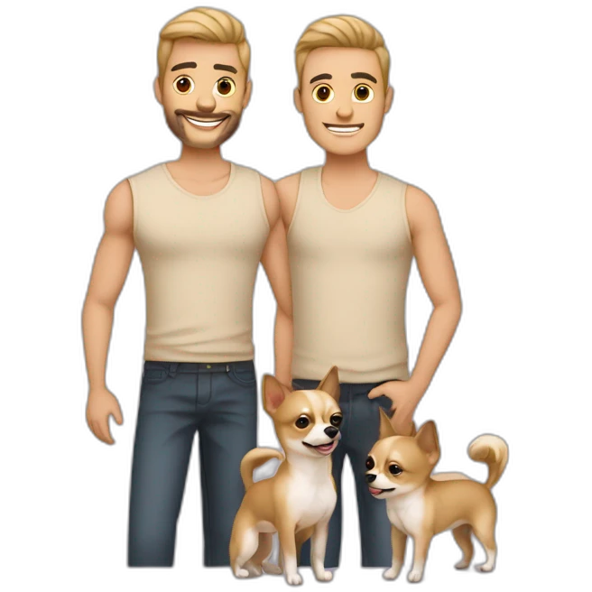 Couple hommes gay avec un chihuahua à poils longs couleur sable emoji