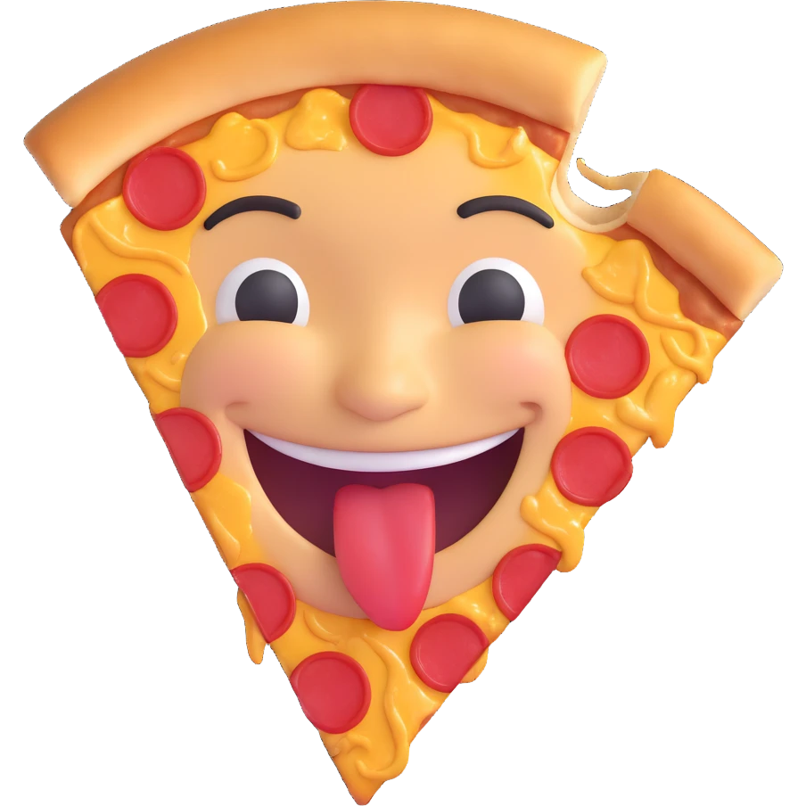 smiling face with a slice of pizza in its mouth, visible bite taken, vibrant colors, shiny and playful emoji
