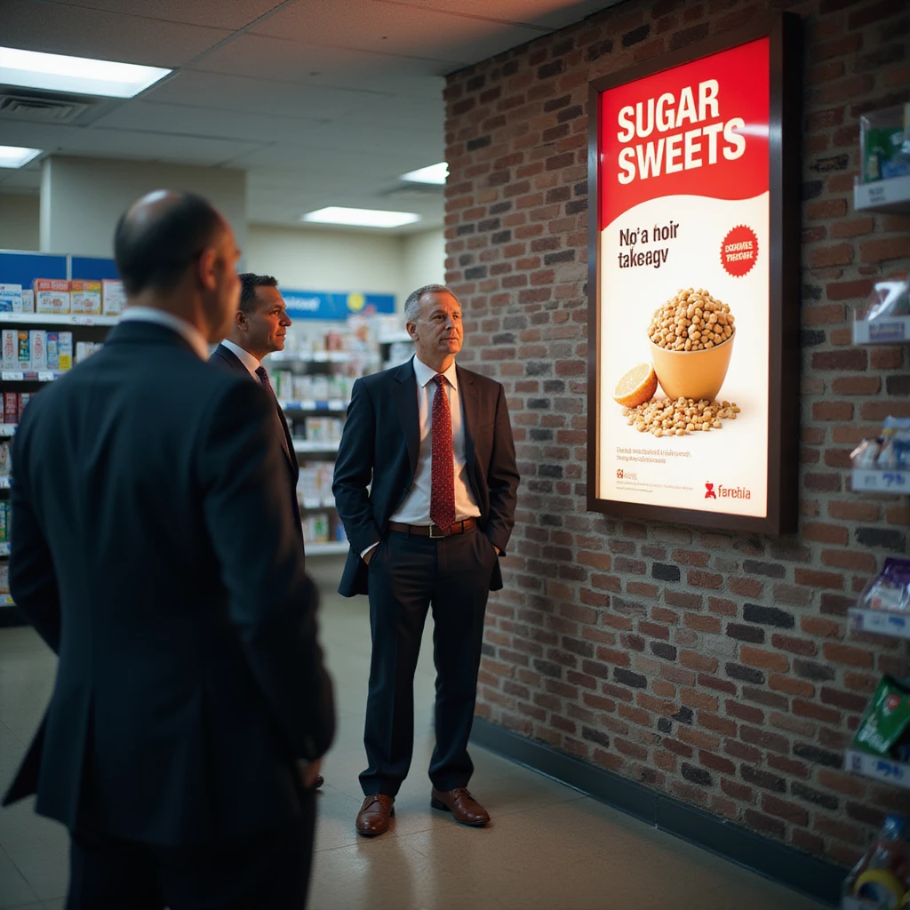 symbolic scene: bright advertisement of sugar and sweets next to a pharmacy, pharmaceutical executives watching satisfied, atmosphere of manipulation, realistic details, 4K quality emoji