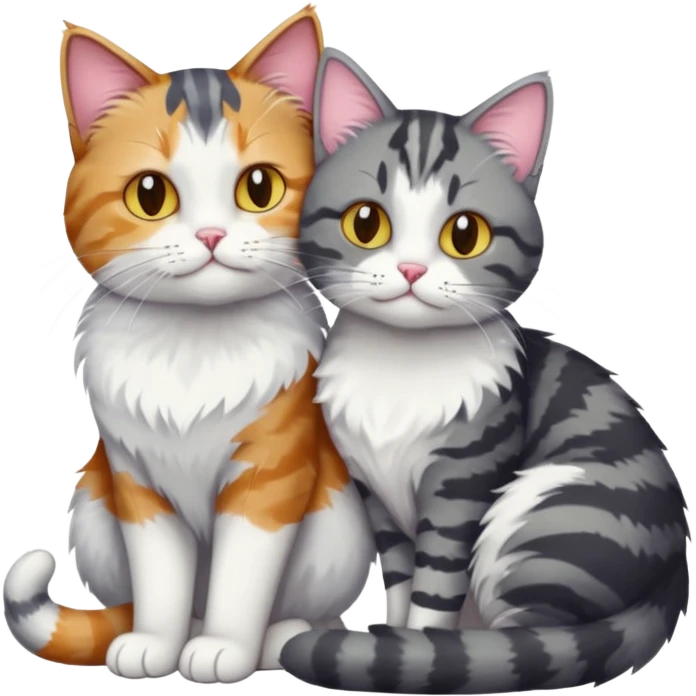 full body colourful light patched calico + white tabby cat cuddling a bigger cat that is dark grey and white tabby cat  and they are in love emoji