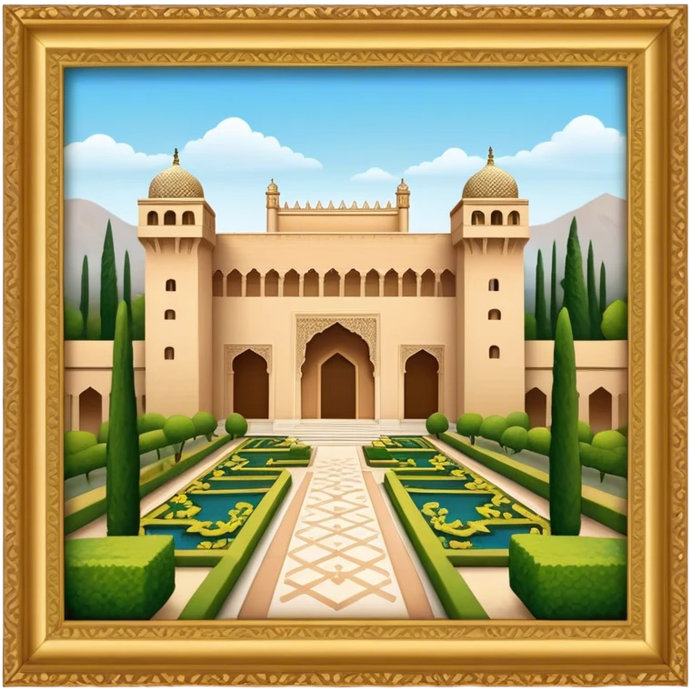 Cinematic Realistic Alhambra Landmark Emoji, showcasing the ornate historic palace with lush gardens rendered with rich textures and soft, majestic lighting. emoji