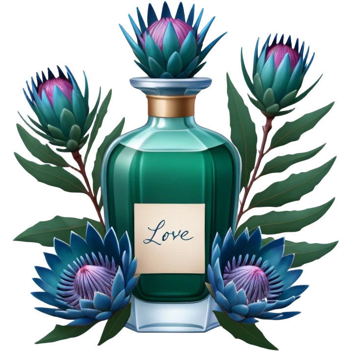 Dark green captivating perfume bottle with blue proteas and a handwritten love letter emoji