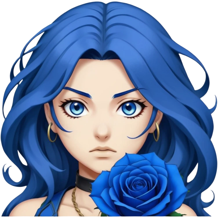 head portrait of anime girl with long dark blue hair, blue rose in hair, fierce blue eyes, extremely intense JoJo's Bizarre Adventure style expression, dramatic angle, bold outlines, strong shading emoji