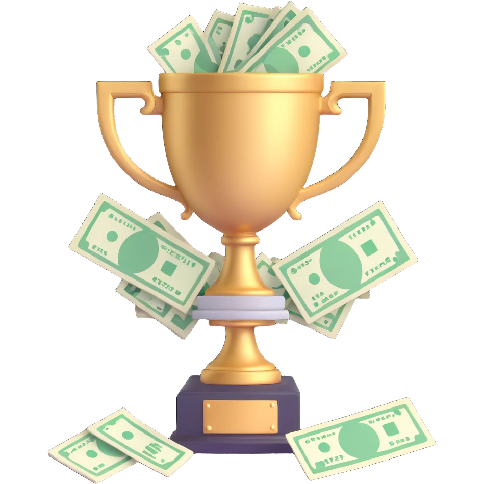 highly-detailed, realistic 3D icon of a big trophy packed with US currency, vivid lighting, transparent background emoji