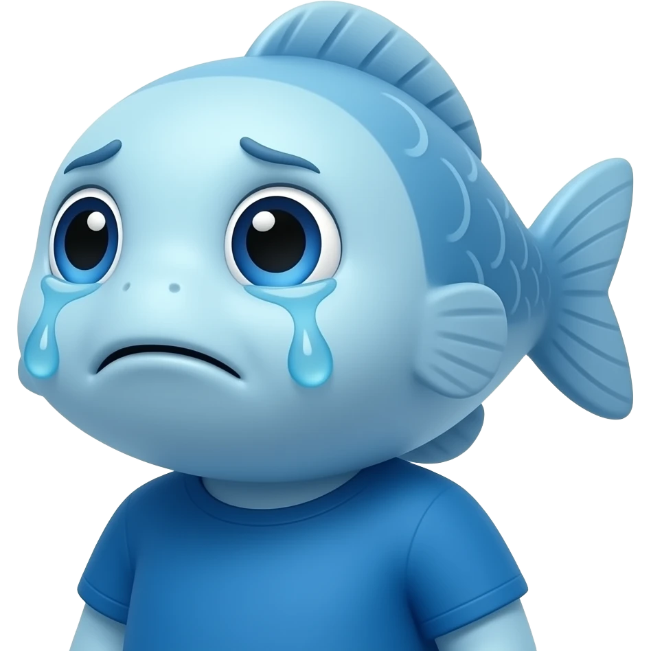 A little blue fish shaped like a human dressed in blue is looking at us with a very sad face, he's crying. emoji