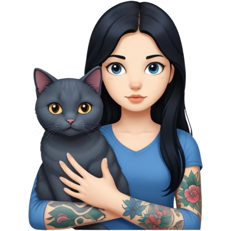 A girl with long black hair, fair skin, and a tattoo on her left arm, holding a British Blue cat. emoji
