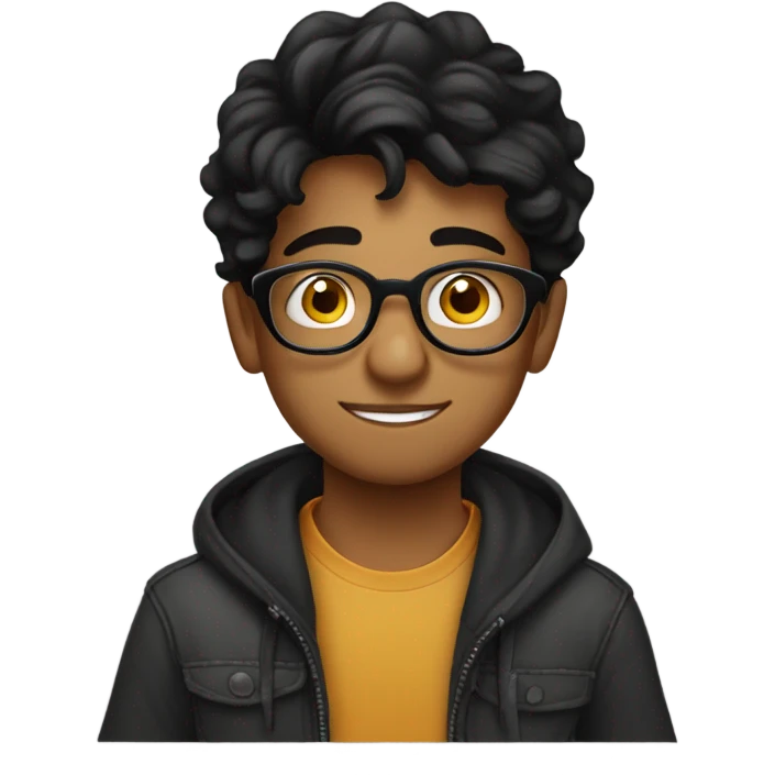 young handsome indian boy with round thick rimmed glasses with black wavy hair drinking coffee from a mug emoji