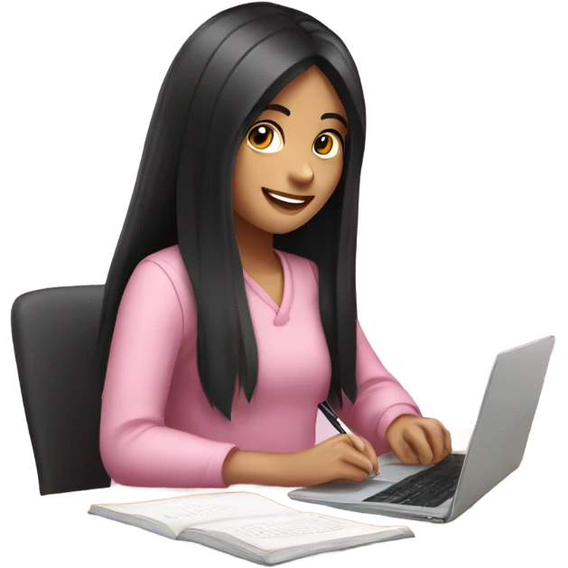 smiling girl with long black hair studying writing on a pink laptop emoji
