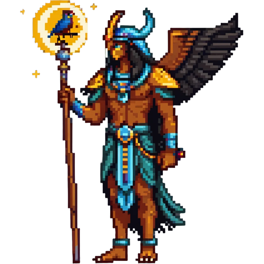 Egyptian moon god Khonsu with falcon head, lunar disk and crescent moon on head, divine staff emoji