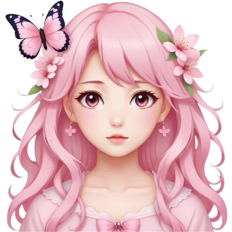 A Gorgeous Beautiful Anime Lady Sakura Cherry Blossom and Pretty Hair, pastelcore aesthetic, pastel pink and white, butterfly, Fairycore emoji