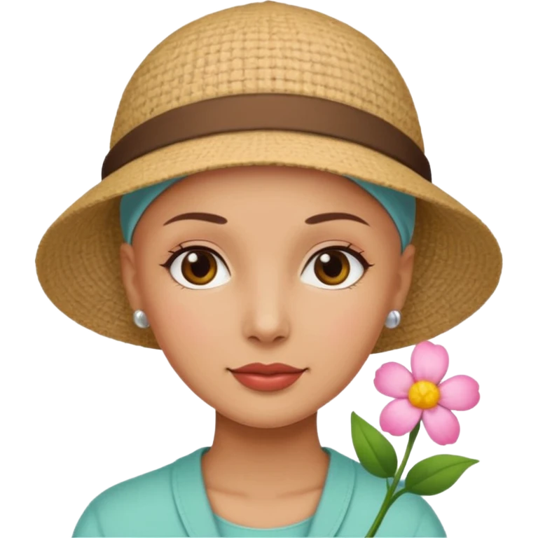 Woman with no hair wearing a cute hat with a flower on it emoji
