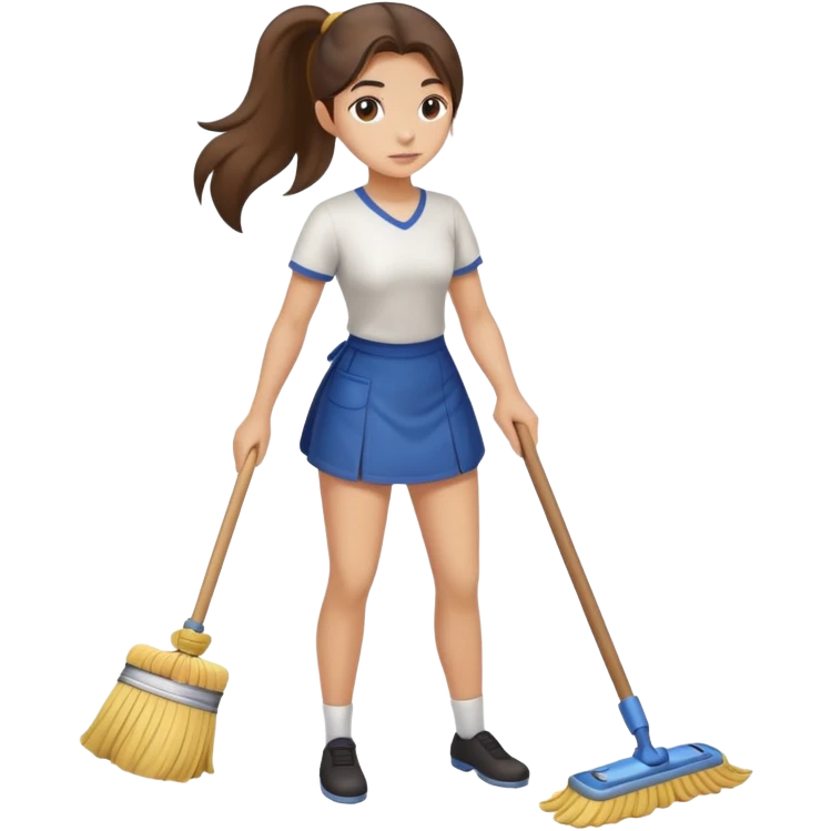 Girl with long brunette hair in ponytail mopping the floor emoji