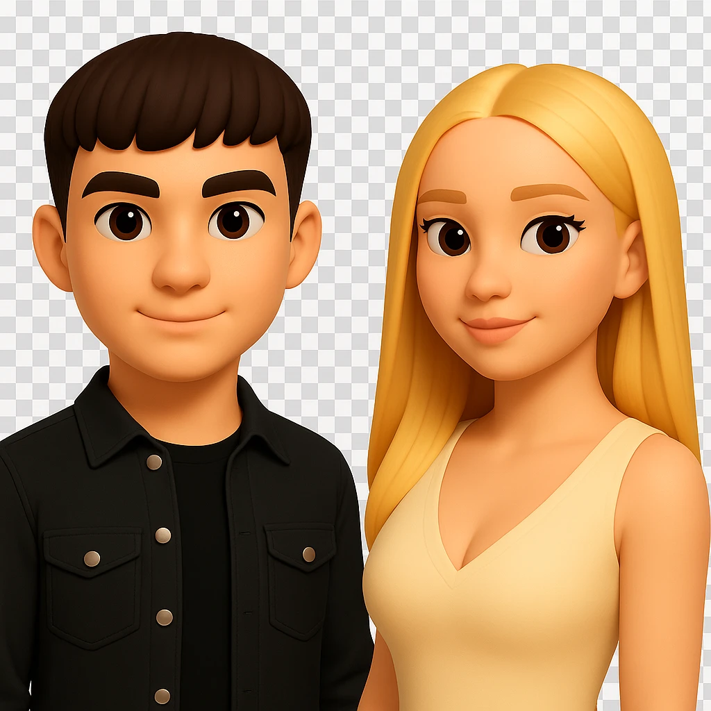 Slightly increase the volume of the upper body of the girl, separate the girl and the boy from each other, make the skin color the same for both. Maintain the cartoonish 3D style and keep the background transparent. The original style is a cartoonish 3D style, please preserve that look. emoji