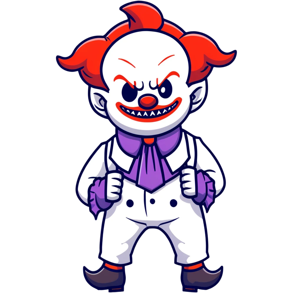 full-body demonic clown in a white leisure suit with bellbottom pants, bald, with black ram horns, flashy belt, ruffled shirt, no neck tie, cartoon sticker style emoji