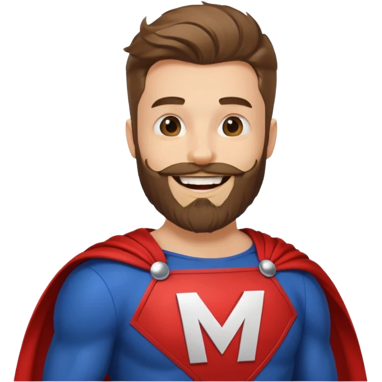бородатый мужчина в костюме супер героя с буквой М  на груди веселится  emoji