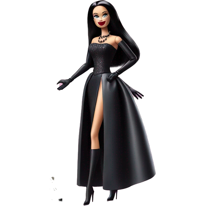 Stunning photo n the Spotlight Barbie, Morticia Addams,showing off, show full body,accessories  gloves  emoji
