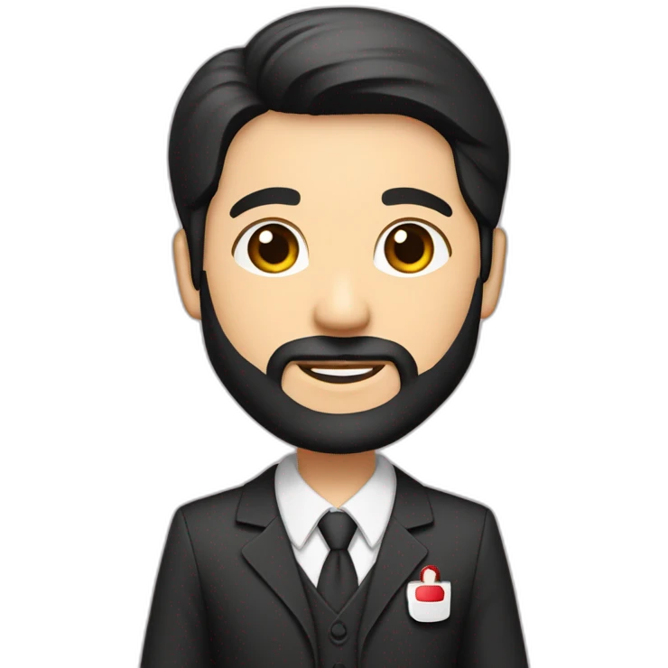 husband age 40 dark hair trimmed beard wearing dark business suit holding bible, wife asian age 40 black hair wearing nurse uniform, no children emoji
