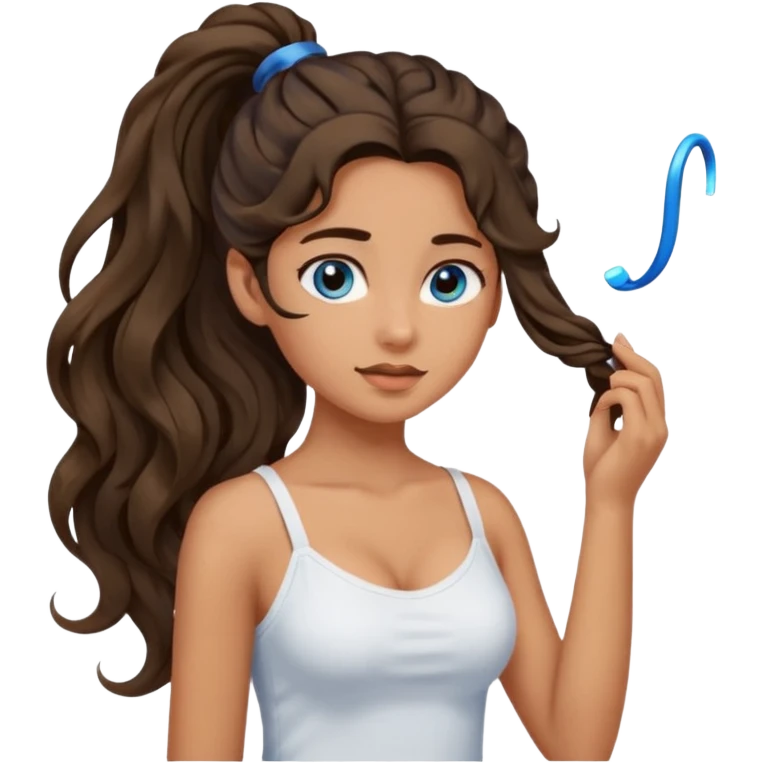 Girl with olive skin, blue eyes, brown dark insanely wavy long hair, white camisole, putting hair in a pony tail emoji