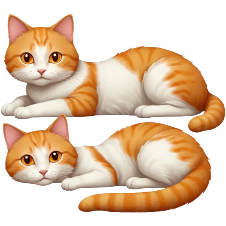 ginger and white cat with orange eyes doing a big extremely long stretch reaching up into the air with arms and legs side by side together straight and overextended whilst lying on its side emoji