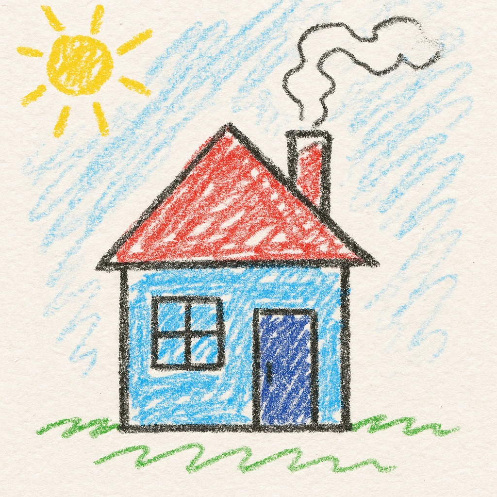 a simple house with a chimney and smoke, children's doodle style emoji