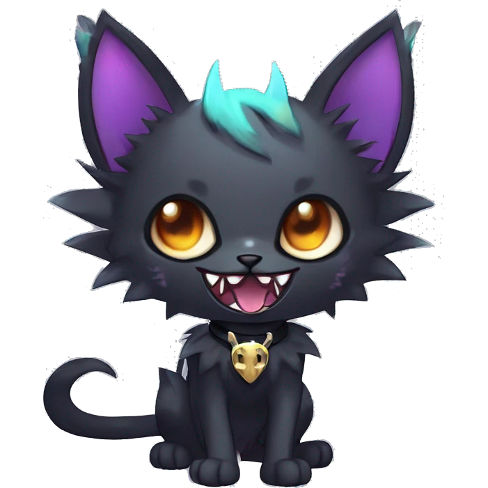   cool edgy beautiful anime-style ethereal dark-punk-themed animal vampiric cat-hybrid Fakemon with fangs and bat-wing-ears with a collar full body emoji