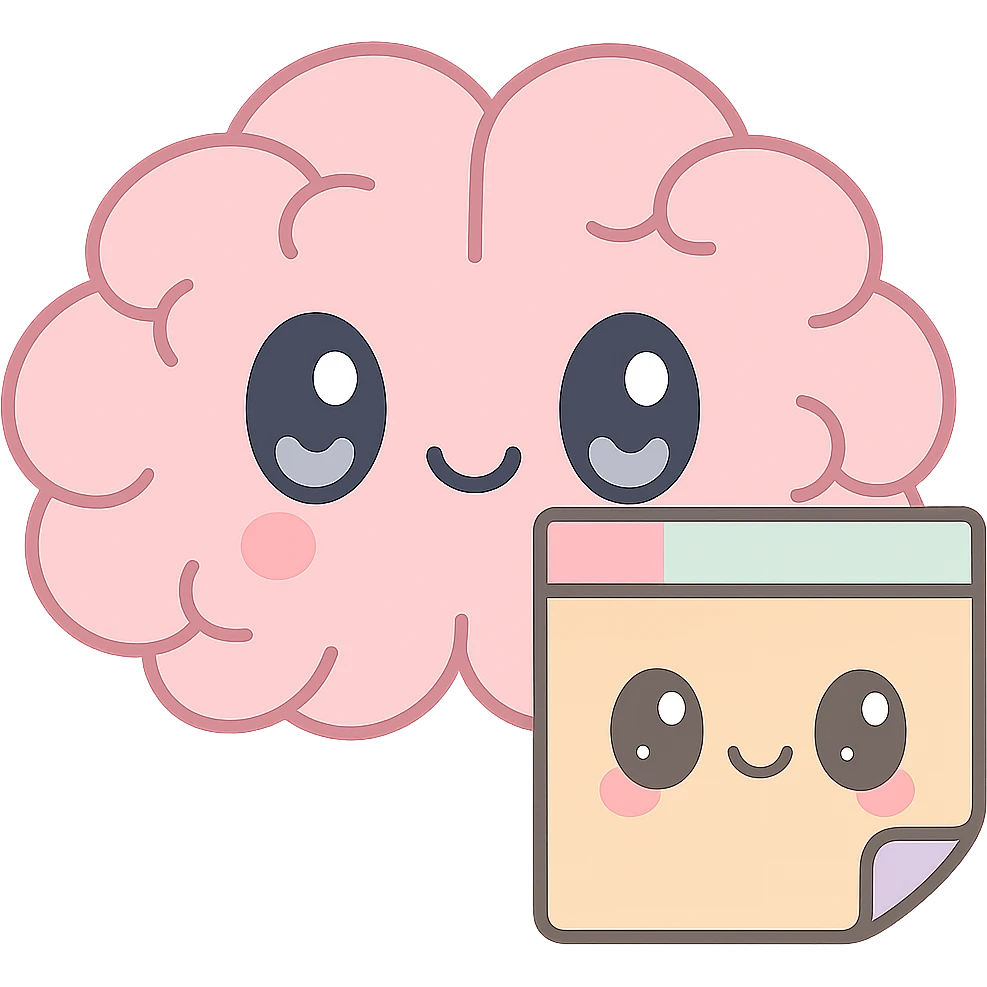Combine the kawaii sticky note and kawaii brain together in one image, both with cute faces, pastel colors, simple design, no background. emoji