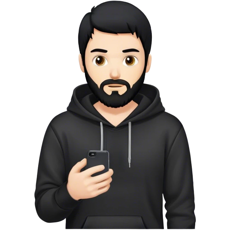 hackeur blanc cheveux noir barbe et capuche noir avec un iphone emoji