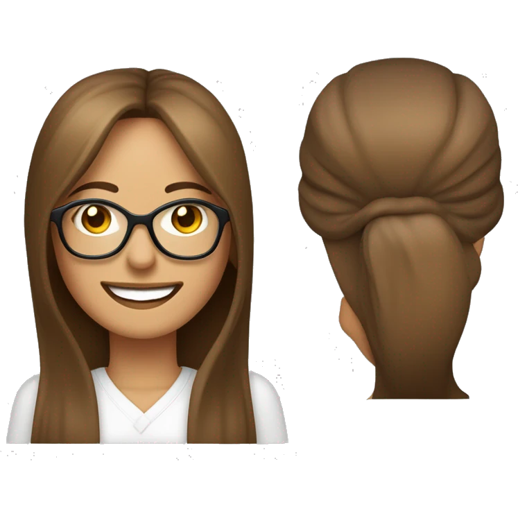 mujer de 42 años con gafas piel blanca sonrriendo car perfilada, ojos marrone grande cabello castaño y con iluminacines doraradas emoji