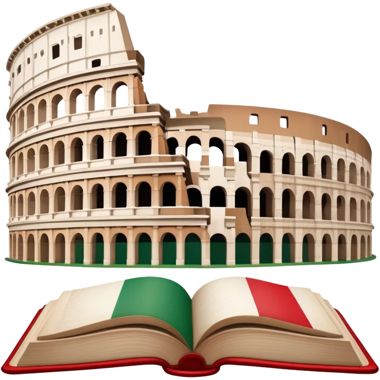 An icon featuring the Colosseum and the flag of Italy, symbolizing the Italian language. The design includes an open book with Italian phrases, representing language learning and cultural heritage. Transparent background emoji