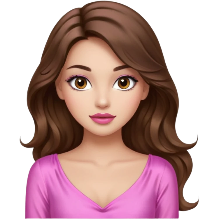 girl with long wavy brown hair, brown eyes, long lashes makeup, sexy pink lips, light to medium complexion, wearing a pink sexy silk top, emoji