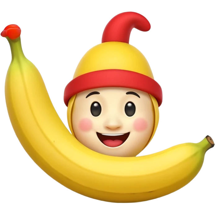 A 3D cartoon banana with a red nose and tiny hat, smiling face, playful pose, Memoji-style. emoji