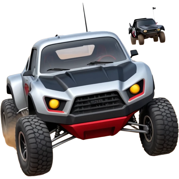 Satan’s and Vader (post race) Cabernet Dirty and dented Local Motors Rally Fighter off road race car hot rod trophy truck-style flying on a dusty road (silver wheels) emoji