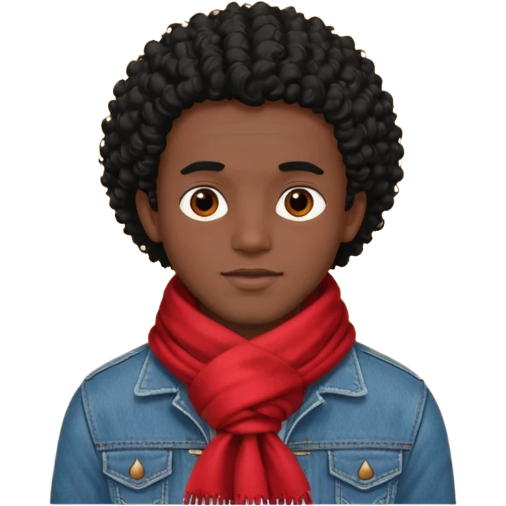 black skin man, curly black hair wear big red scraft, jean jacket emoji