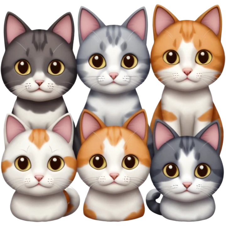 5 different coloured short haired cats including; a dark brown and white cat, and a dark grey and white, and a calico emoji