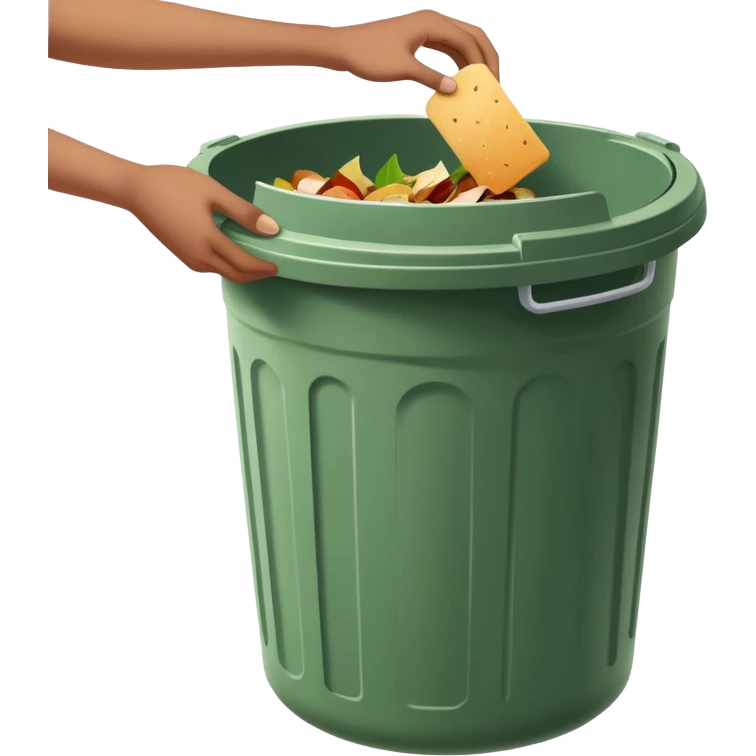 hand dropping food scraps into a trash bin, clean and expressive emoji
