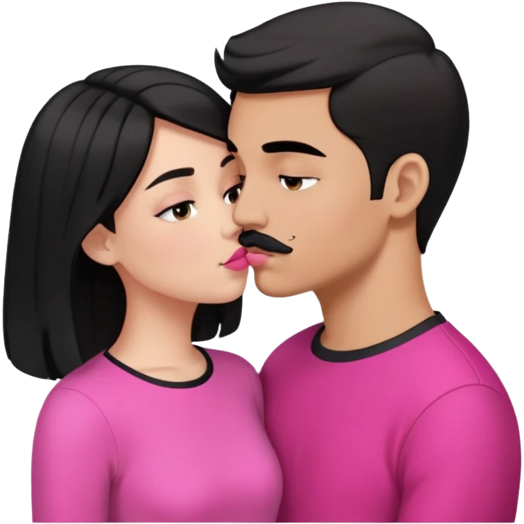 Brunette boy with short hair and black mustache wearing black clothes, kissing white girl with long black hair wearing pink clothes emoji