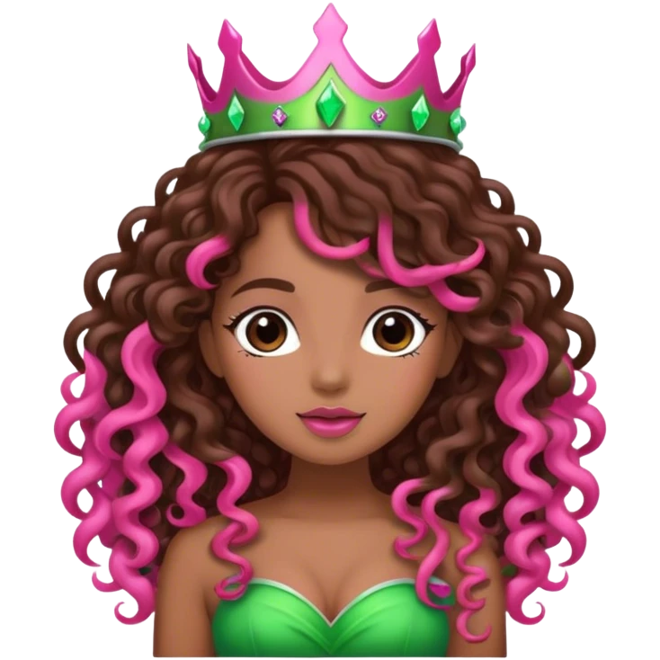 Brown girl diva long curly brown hair with pink and green crown emoji