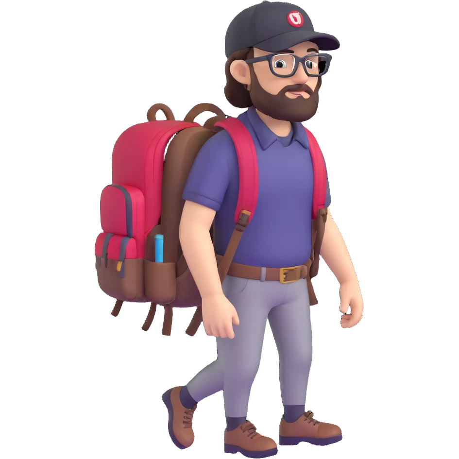 adventurer with backpack, small beard, glasses and backwards baseball cap emoji
